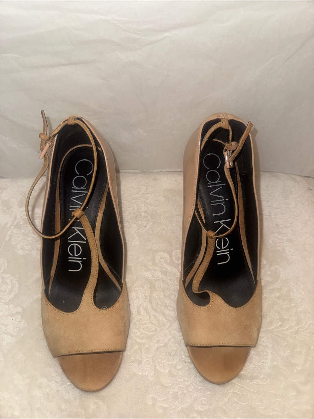 Calvin Klein Tan Suede Peep-Toe Ankle-Strap Heels